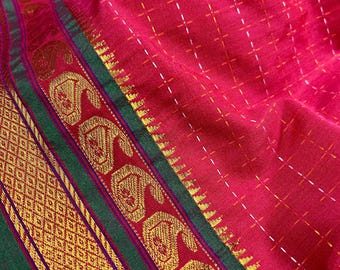 Deep Pink Color Saree Cotton Saree with Kantha Stitch and  Zari Temple Border