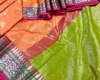 Peach Soft Cotton Silk Saree with Buttas | Zari Weaving buttas with Banarasi Borders  | Soft Cotton Silk Saree | Gift For Her
