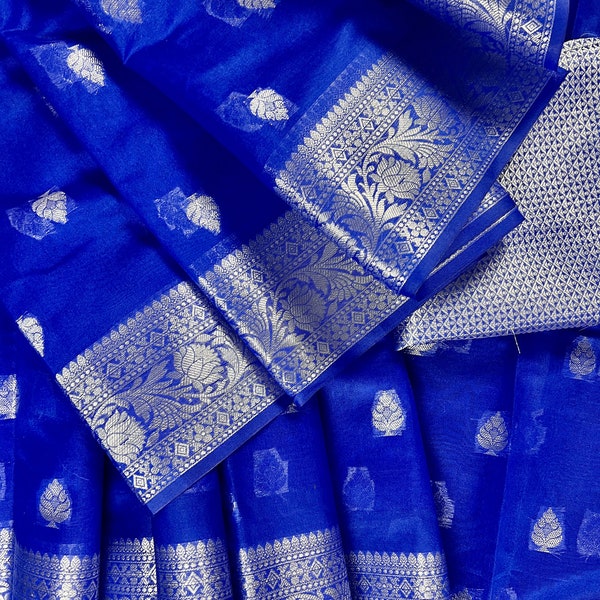 Royal Blue Soft Kora Silk Saree Saree with Silver Zari Work | Banarasi Light Weight Saree | Pastel Color Sarees | Kaash Collection Sarees