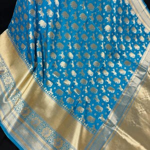 Sky Blue Color Banarasi Silk Shikargah Saree - Muted gold Zari Weave Work - Shikargah Saree - Elephant and Peacock Motif - Wide Border Saree