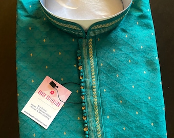 Teal Green Raw Silk Men Kurta Pajama with Self Design material with small Zari Weave butti | Mens Ethnic Wear | Kaash Collection