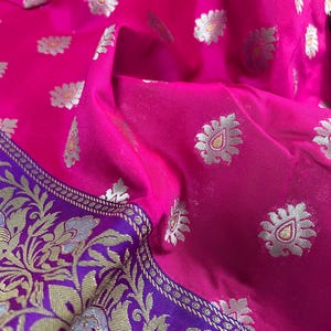Hot Pink with Purple and Green color combination Traditional Border Banarasi Handloom Soft Silk Saree | Silk Sarees