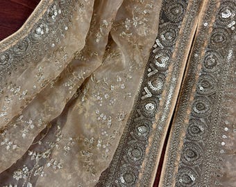 Dupatta de seda organza color beige dorado con bordados, lentejuelas y zari dorado apagado / Dupatta de boda / Dupatta para lehenga