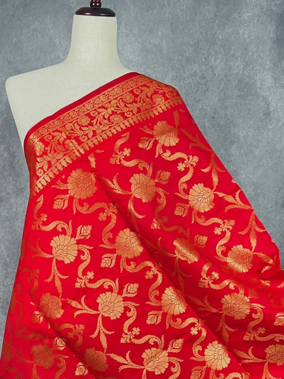 Red Color Floral Banarasi Soft Silk Dupatta with Gold Zari Weaving | Handmade Dupattas | Banarasi Soft Silk Dupattas | Dupatta for Lehenga
