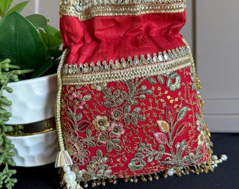 Red Raw Silk Potli Bag with Floral Embroidery | Wedding Party Accessory