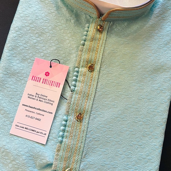 Zeeblauwe kleur ruwe zijde heren Kurta pyjama met zelfontwerpmateriaal | Etnische kleding voor heren | Cadeau voor hem | Bruiloft Kurtas | Kaash-collectie