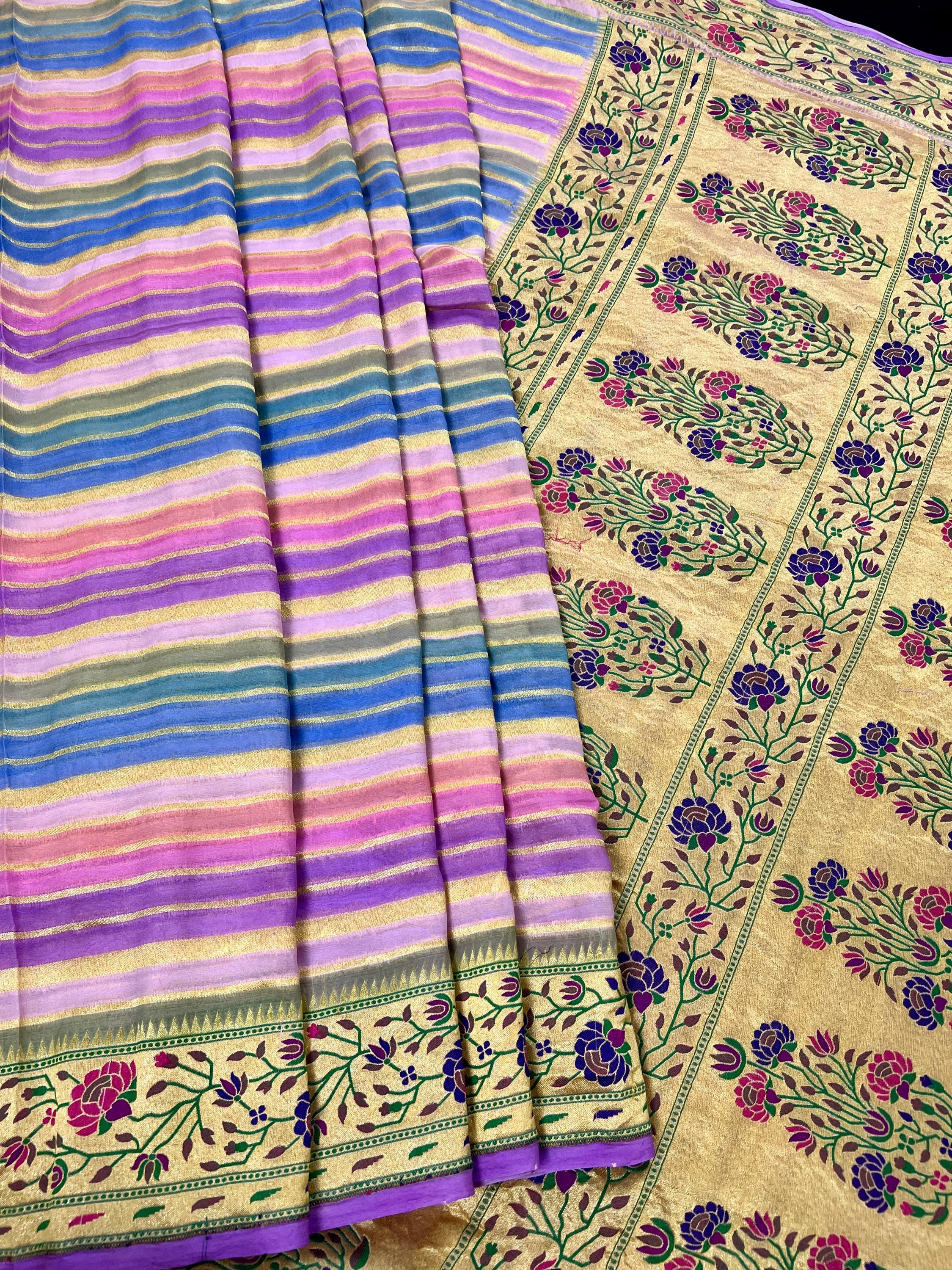 ラベンダー色のピュアなバナラシジョーゼットシルクパイタニサリー