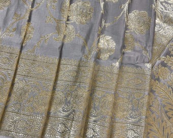 Pastel Grey Banarasi Satin Silk Saree with Muted Gold Zari Floral Jaal Weave