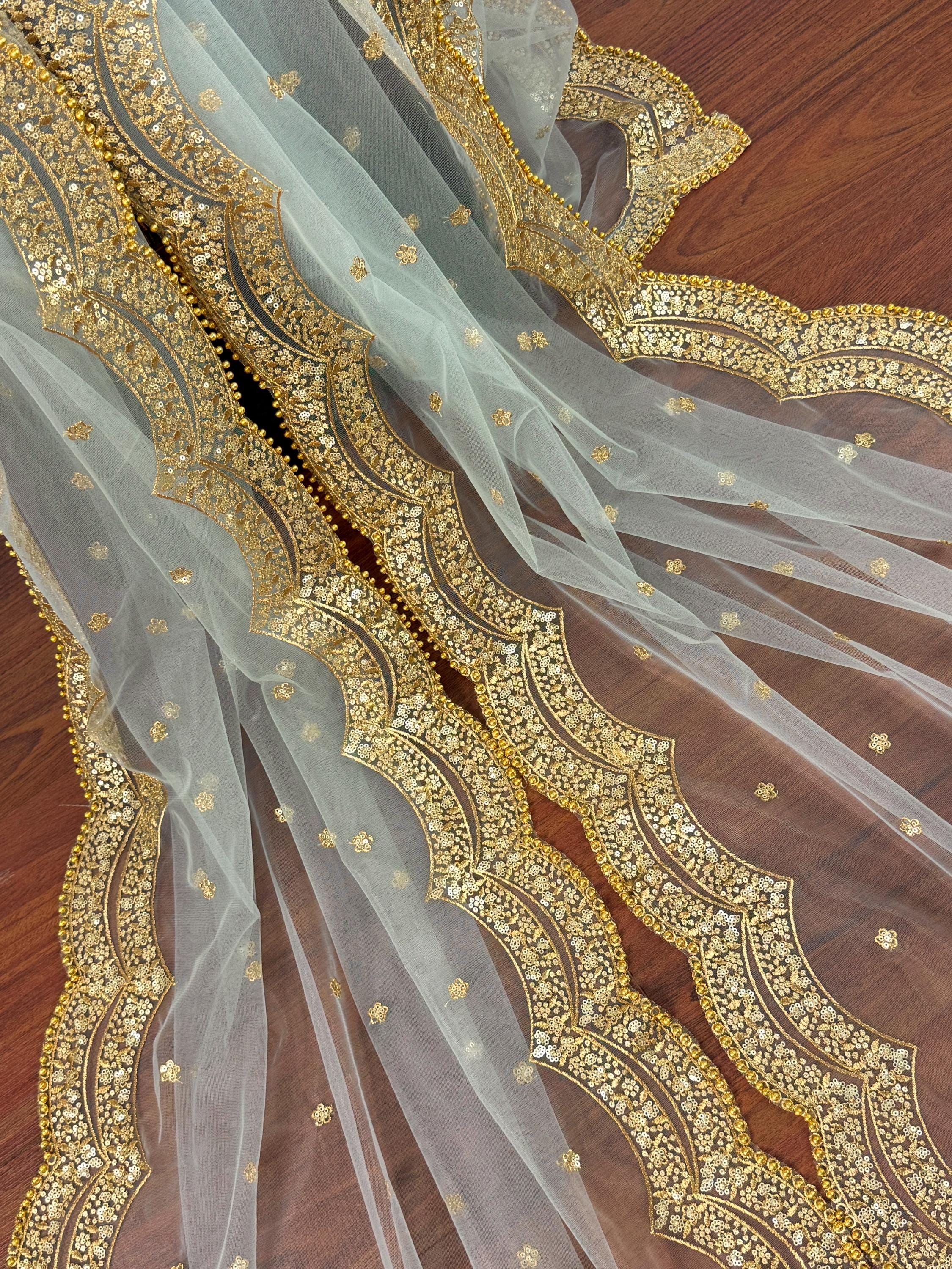 English Grey Net Dupatta with Gold Zari, Sequin, Beads, Indian Wedding Accessory
