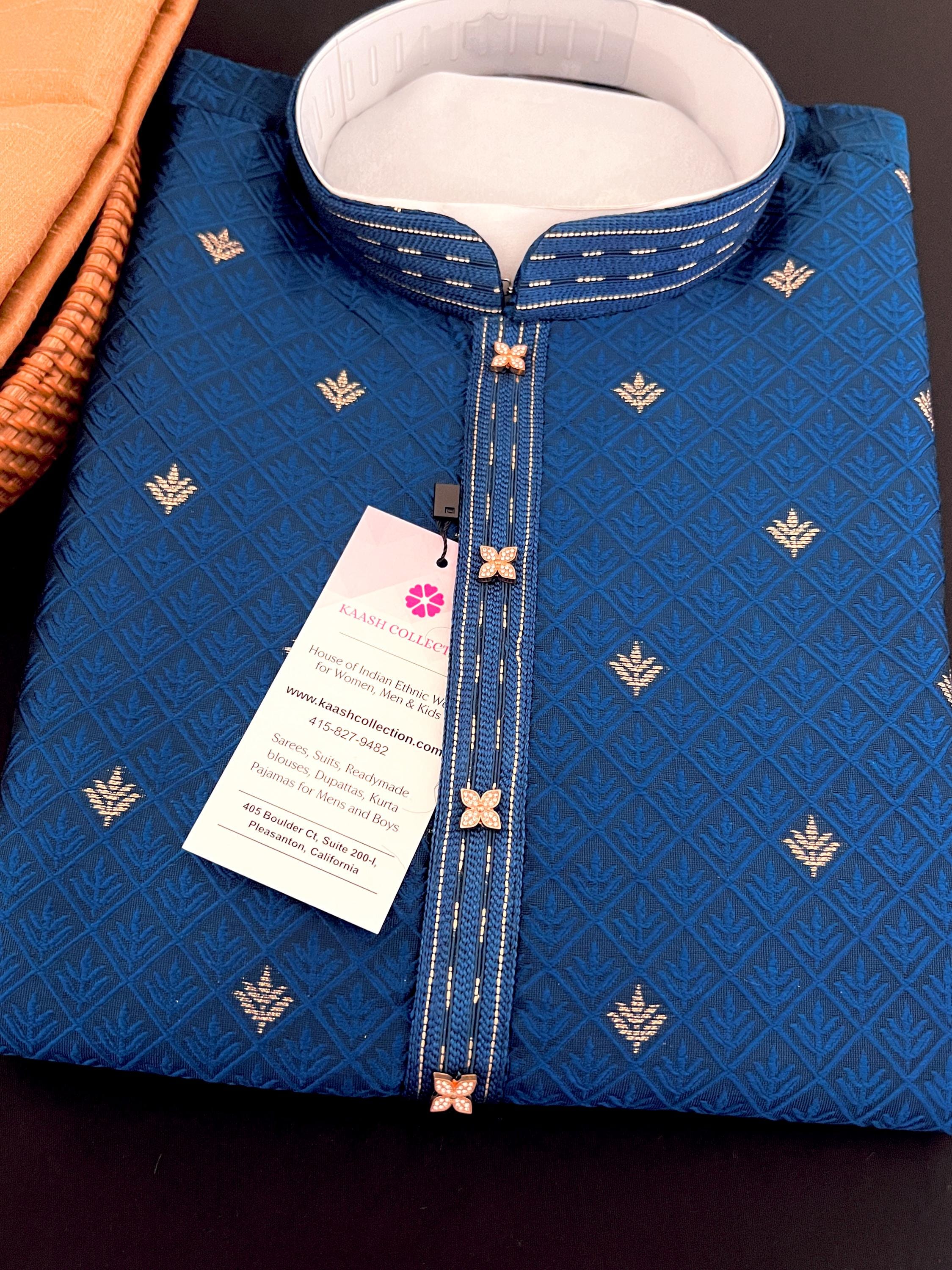 Peacock Blue Men Kurta Pajama Self Design embroidery Style with Zari Weave buttis Men Ethnic Wear Kurta Pajama in Blue Color For Men