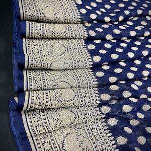 Midnight Blue Color Pure Banarasi Khaddi Georgette Silk Saree with Muted Gold Zari Weaving | Grand Borders | SILK MARK CERTIFIED