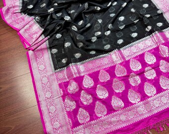 Black Semi Banarasi Organza Silk Saree with Hot Pink Border & Silver Zari Weave