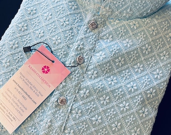 Sky Blue Chikankari Kurta Pajama Set | Lucknowi Embroidery, Mens Ethnic Wear