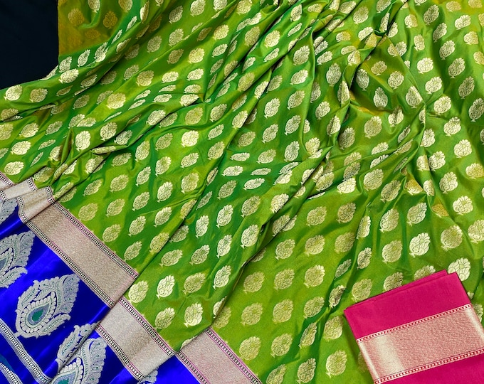 Parrot Green Royal Blue and Hot Pink Banarasi Silk Handloom - Etsy