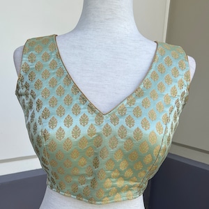 Pista Green Color Banarasi Readymade Blouse | Size 40 | Sleeveless Blouse | Readymade Blouses | Stitched Blouses for Sarees
