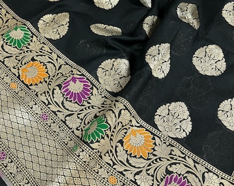 Black Color Traditional Banarasi Handloom Sari with Paithani Style Floral Borders with Meenakari Borders | Soft Silk Saree