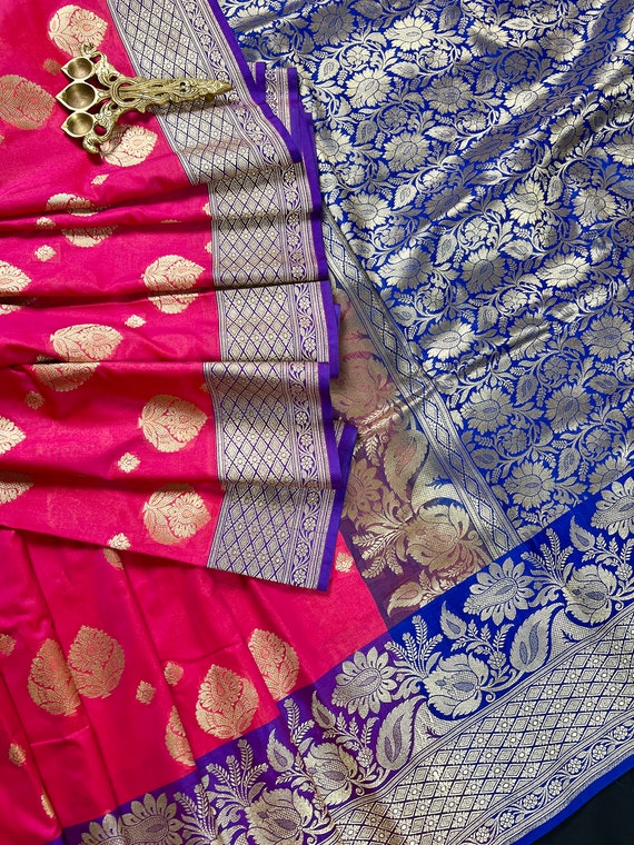 Pink With Blue Traditional Banarasi Handloom Saree Floral Design