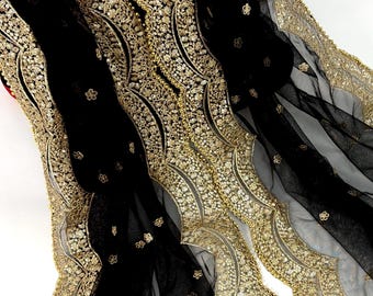Black Net Dupatta with Muted Gold Zari, Sequin, and Beads