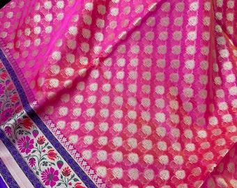 Handmade Peach Pink Color Banarasi Kora Organza Silk Saree with Meenakari Floral Border Work