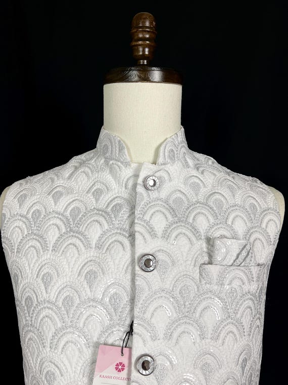 Mens White Cotton Silk Nehru Jacket, Embroidery Sequin Wedding Wear