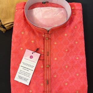Strawberry Pink Soft Silk Men Kurta Pajama for Men with Self Design material with small Zari Weave butti