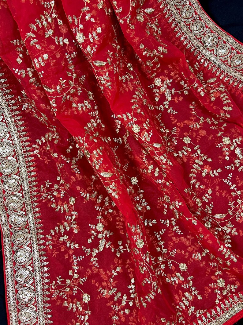 Red Color Organza Dupatta With Gold Zari, Embroidery and Sequins. - Etsy