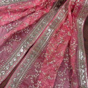 Rose Pink Color Organza Dupatta with Embroidery, Sequin and Zari | Muted Gold Zari Dupatta