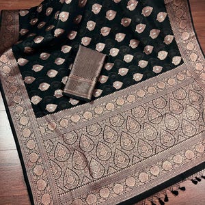 Black Color Banarasi Cotton Silk Saree with Antique Zari Weave | Handmade Saree | Saree in USA | Black Color Saree | Banarasi Saree