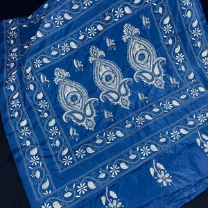 Blue Color Bangalori Silk Saree with Hand Kantha Stitch | Handwoven Kantha Stitch Sarees | Kantha Saress | Silk Sarees | Bengal Sarees