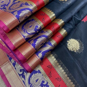 Suhasini (mint green and black) - semi banarasi silk suit set with striped dupatta in mint green and black