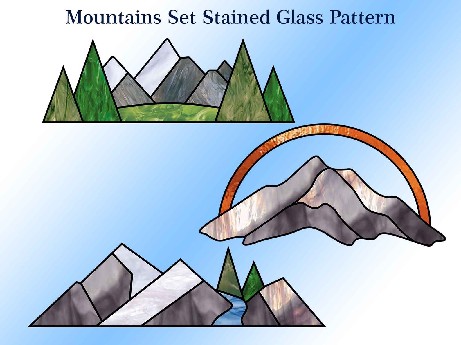 Mountain Stained Glass Stained Glass Patterns SET Of 3 Etsy