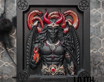 May include: A black relief sculpture of Asmodeus, a demonic figure with red horns, wings, and a crown. The sculpture features a serpent, a pentagram, and the text "ASMODEUS" and "LILITH magic shop". The figure holds a flame.