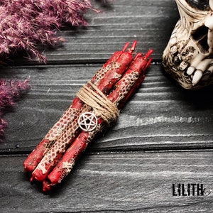 Lot de 5 bougies rituelles rouges en cire d'abeille avec peau de serpent, herbes et huiles