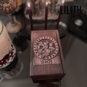 Odin and Runes Wooden Witch Casket for Storing Bindrunes with Magnet for More Effortless Opening/Closing