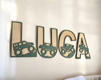 Monster Truck Themed Wooden Letters: Personalized Nursery Name Sign