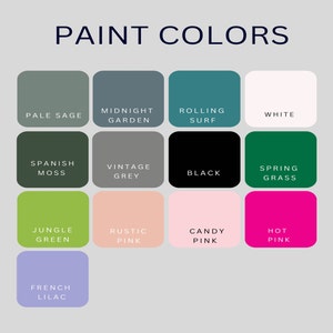 Op de afbeelding: Een kleurenpalet met 12 verfkleuren. De kleuren zijn: Pale Sage, Midnight Garden, Rolling Surf, White, Spanish Moss, Vintage Grey, Black, Spring Grass, Jungle Green, Rustic Pink, Candy Pink en Hot Pink.