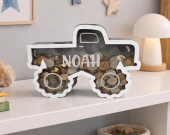 Personalized Monster Truck Piggy Bank – Custom Name Coin Bank – Boys Room Decor - Unique Birthday Gift for Kids