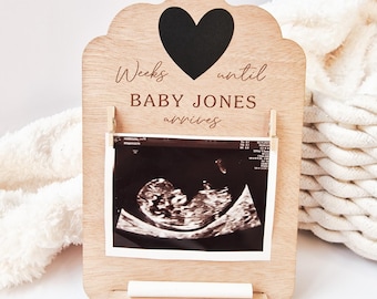 Baby Countdown & Scan Holder - Baby Shower Gift - New Parents Keepsake - Personalised Pregnancy Announcement Sign - Social Media Photo Prop
