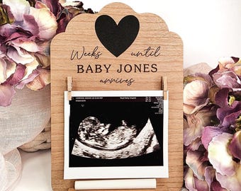 Personalised Baby Scan Photo Holder: Wooden Pregnancy Countdown Gift