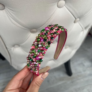 Pink and Green Beaded Headband with Jewel Centerpiece Emerald & Pink Floral Beaded Headband | Elegant Green Alice  main image 4