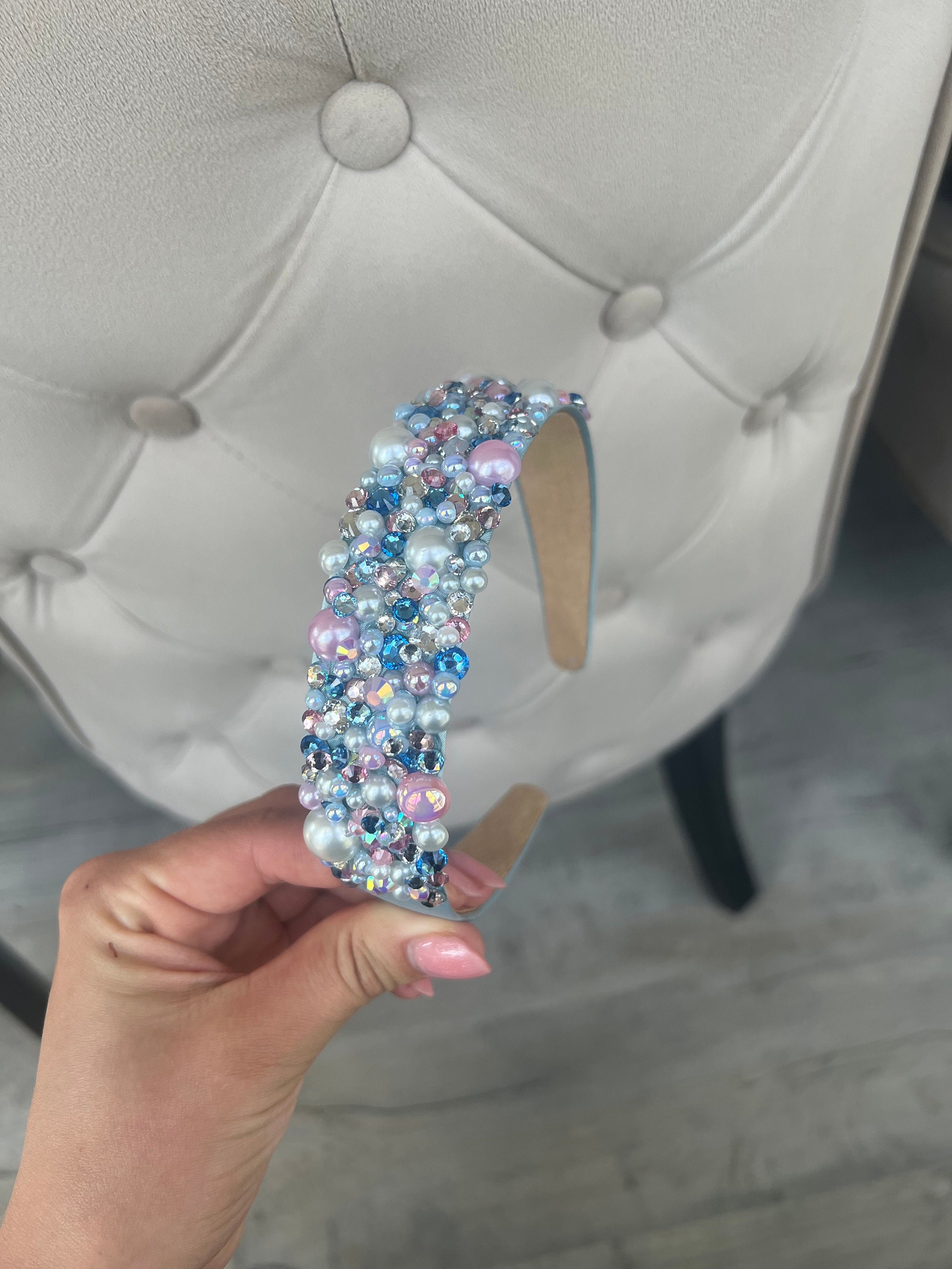 Blue Beaded Headband - Etsy UK display picture 3
