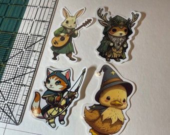 Fantasy animals waterproof stickers - duck wizard, druid deer, cat rogue, rabbit bard