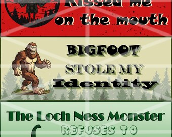 Cryptid bumper stickers, Mothman, Bigfoot, Loch Ness Monster