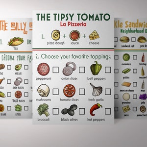 Pu&ograve; includere: Tre moduli di ordinazione del cibo stampabili colorati con caselle di controllo. Il primo modulo &egrave; per un taco, il secondo per una pizza e il terzo per un panino. Ogni modulo ha un elenco di ingredienti tra cui scegliere.