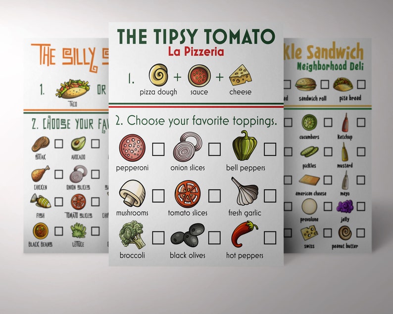 Pu&ograve; includere: Tre moduli di ordinazione del cibo stampabili colorati con caselle di controllo. Il primo modulo &egrave; per un taco, il secondo per una pizza e il terzo per un panino. Ogni modulo ha un elenco di ingredienti tra cui scegliere.