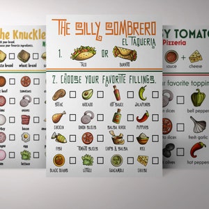 Pu&ograve; includere: Tre menu colorati con caselle di spunta per personalizzare gli ordini di cibo. Il primo menu si chiama "The Knuckle" e offre opzioni per pane, manzo arrosto, salame, tacchino, bologna e prosciutto. Il secondo menu si chiama "The Silly Sombrero El Taqueria" e offre opzioni per taco o burrito, bistecca, avocado, salsa piccante, jalapenos, pollo, fette di cipolla, salsa verde, peperoni, pesce, fette di pomodoro, patatine fritte e salsa, riso, fagioli neri, lattuga, guacamole e formaggio. Il terzo menu si chiama "Y Tomato Pizzeria" e offre opzioni per salsa, formaggio, fette di cipolla, peperoni, fette di pomodoro, aglio fresco, olive e peperoncini.