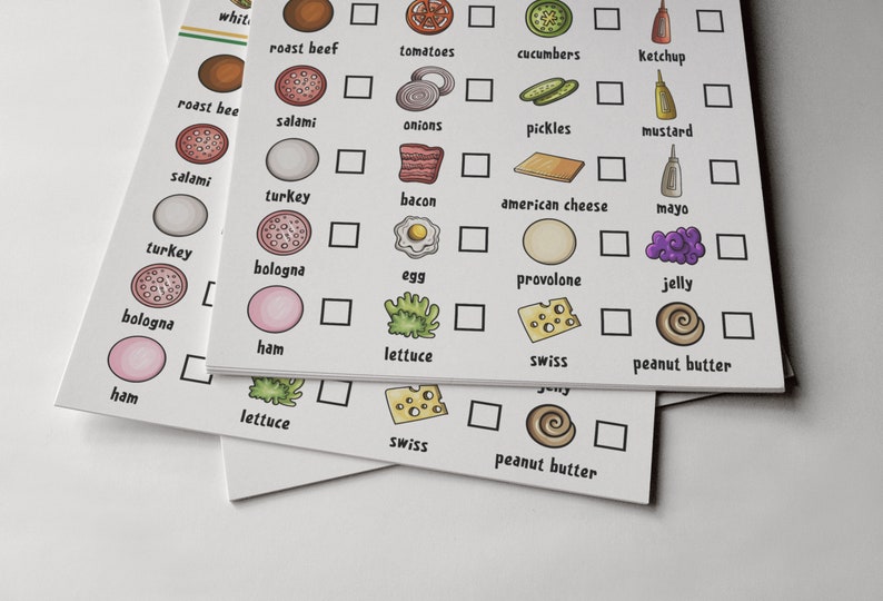 Pu&ograve; includere: Un elenco di controllo degli ingredienti per panini con illustrazioni di ogni articolo. Gli ingredienti includono roast beef, pomodori, cetrioli, ketchup, salame, cipolle, sottaceti, senape, tacchino, bologna, uova, provolone, gelatina, prosciutto, lattuga, formaggio svizzero e burro di arachidi.