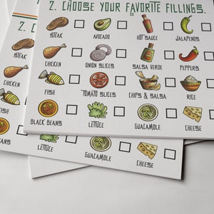 Pu&ograve; includere: Un elenco di controllo con illustrazioni di vari alimenti, tra cui bistecca, pollo, pesce, fagioli neri, lattuga, guacamole, formaggio, avocado, fette di cipolla, fette di pomodoro, patatine fritte e salsa, riso, jalapenos, peperoni, salsa piccante e salsa verde. L'elenco di controllo ha caselle di controllo accanto a ogni voce.