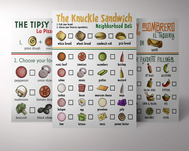 Pu&ograve; includere: Tre menu colorati con caselle di controllo per personalizzare gli ordini di cibo. Il primo menu &egrave; per una pizza, il secondo per un panino e il terzo per un burrito. I menu presentano illustrazioni degli articoli di cibo.