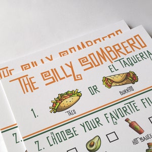 Pu&ograve; includere: Un menu bianco con accenti verdi e arancioni. Il testo recita "The Silly Sombrero El Taqueria". Il menu elenca le opzioni per un taco o un burrito e chiede al cliente di scegliere i suoi ripieni preferiti. I ripieni includono avocado, salsa piccante e jalapeno.